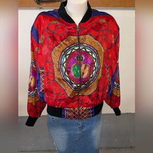 Vintage Vibrant Red Patterned Women's Jacket Silk Jacket With Shoulder Pads Sz L